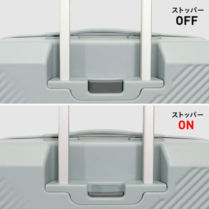 Brush北海道カラーパレットスーツケース（キャリーケース）には、エースラゲージ独自のワンプッシュキャスターストッパー（特許番号5175329）機能付き。手元のスイッチで簡単に操作でき、バスや電車、坂道などで不意な走行を防ぐキャスターストップ機能を搭載。ボタンを下まで押すとロックがかかり、もう一度押して元の位置に戻すとロックが解除されます。
