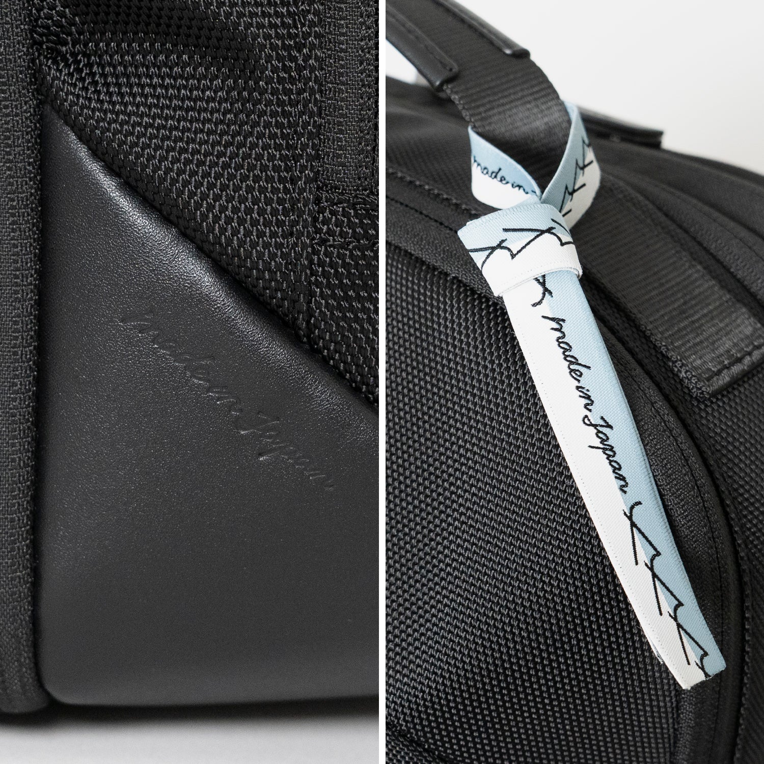 Floe ワーク＆デイリーバックパックはメイドインジャパン・日本製の証が付いています。ブランドマークの”y”を連ねたリボンのデザインで、北海道の空と雪のカラーを取り合わせました。リボンは外してお使いいただくことも可能です。