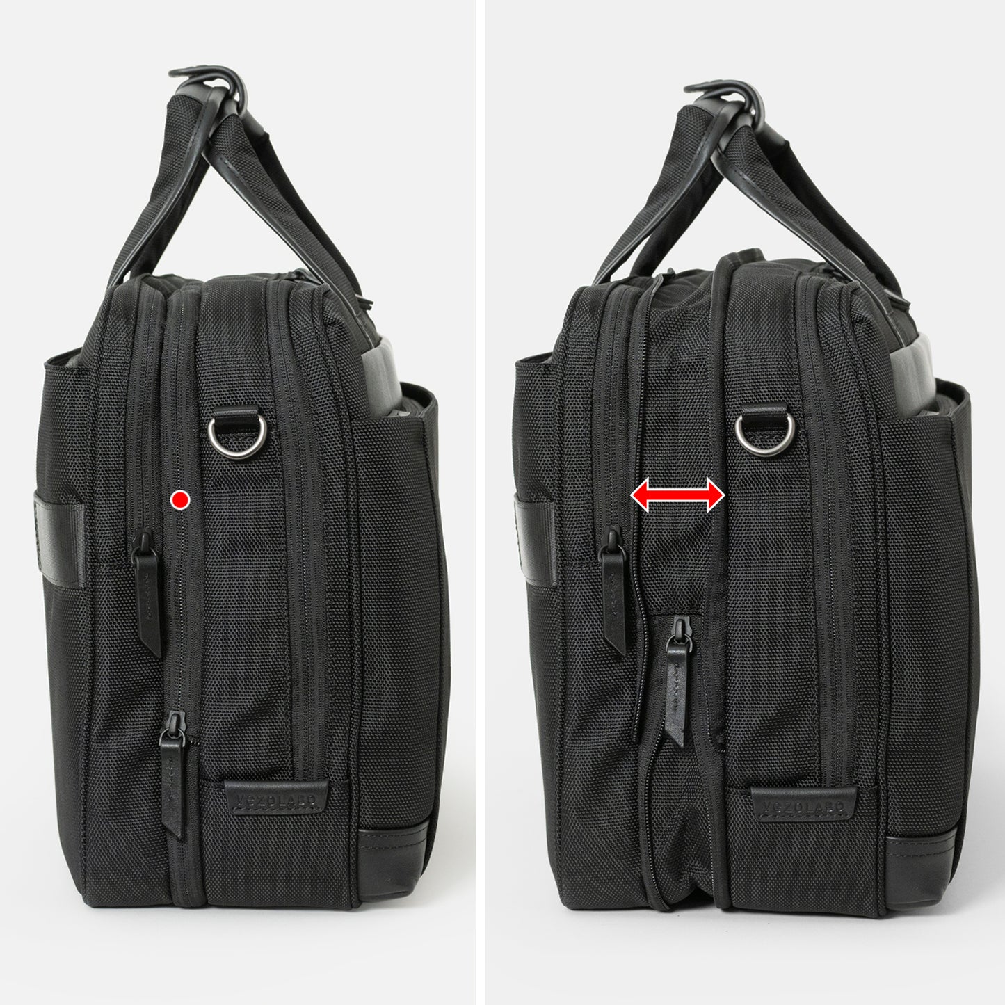 Floe ワーク＆デイリーブリーフケースは荷物量の増減に合わせて、ブリーフケースを拡張できるエキスパンド機能。