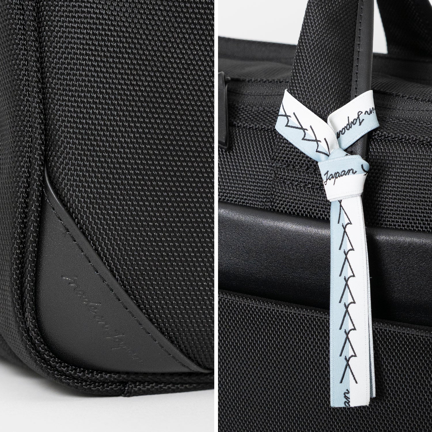 Floe ワーク＆デイリーブリーフケースはメイドインジャパン・日本製の証が付いています。ブランドマークの”y”を連ねたリボンのデザインで、北海道の空と雪のカラーを取り合わせました。リボンは外してお使いいただくことも可能です。