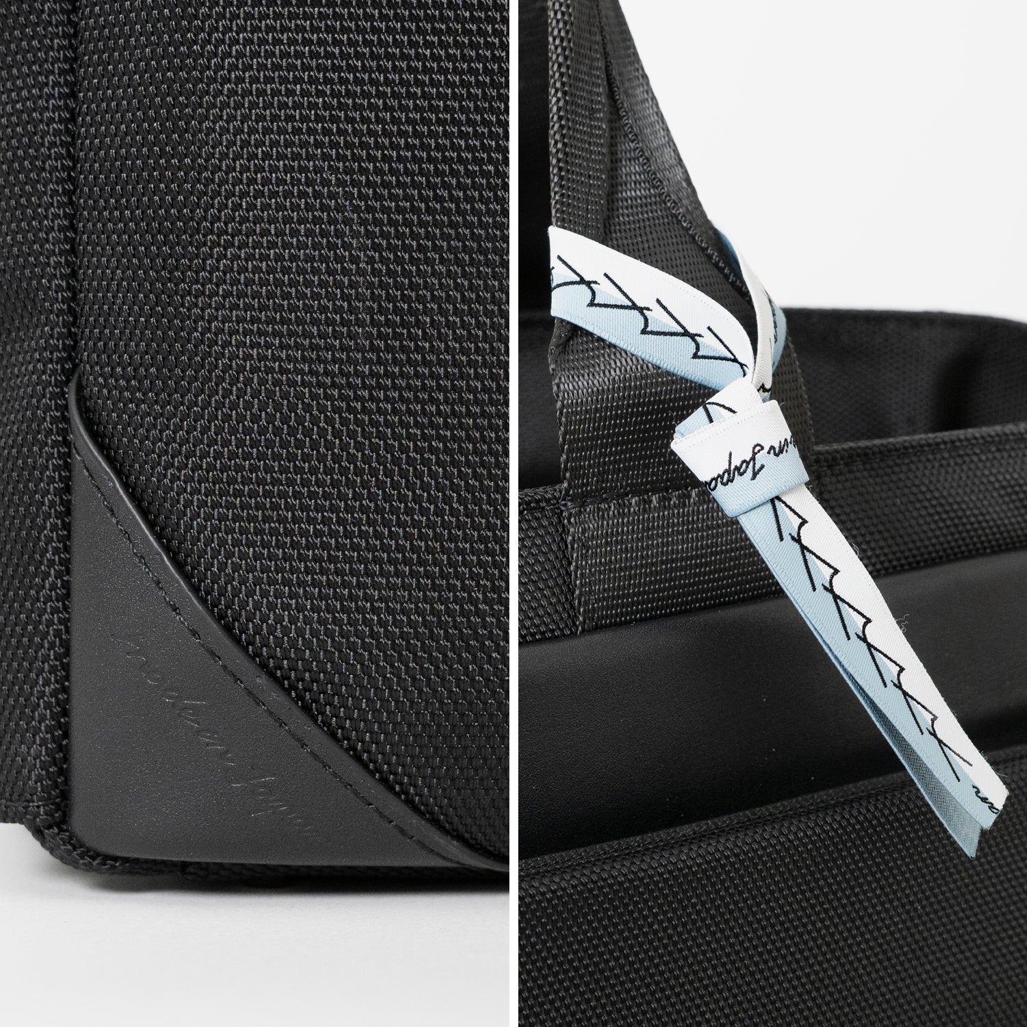 Floe ワーク＆デイリートートバックはメイドインジャパン・日本製の証が付いています。ブランドマークの”y”を連ねたリボンのデザインで、北海道の空と雪のカラーを取り合わせました。リボンは外してお使いいただくことも可能です。